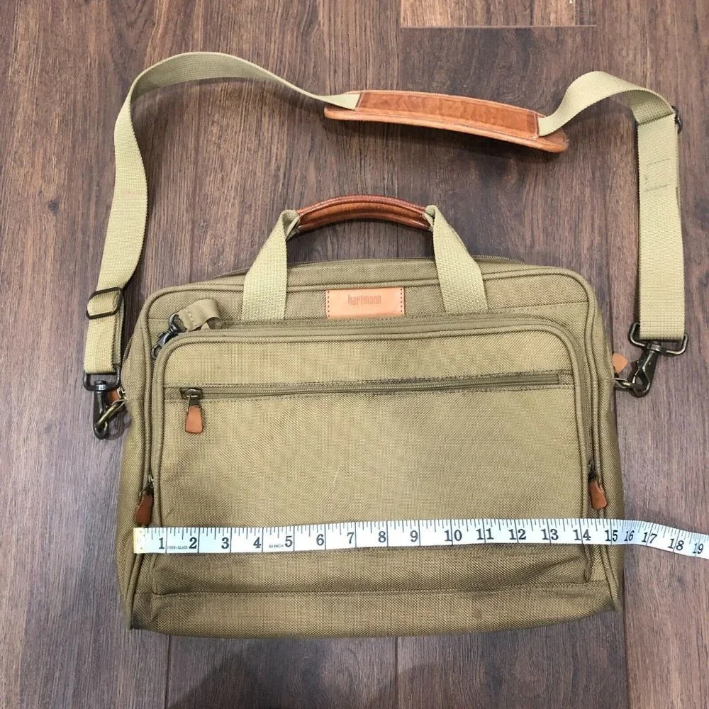 Hartmann Laptop Bag Nylon Tan Brown Leather Trim Shoulder Strap Crossbody